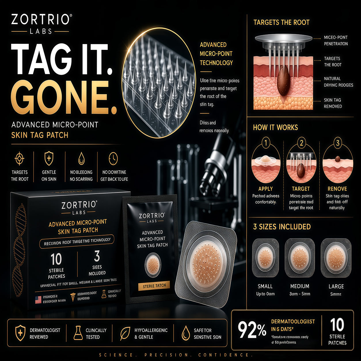 TAG IT. GONE. ZORTRIO LABS Advanced Micro-Point Skin Tag Patch 10 Sterile Patches · 3 Sizes Included