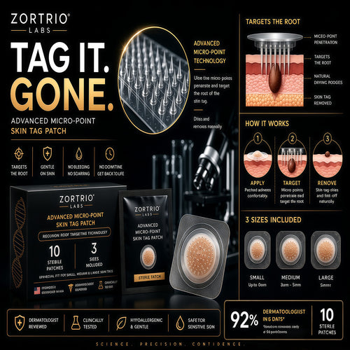TAG IT. GONE. ZORTRIO LABS Advanced Micro-Point Skin Tag Patch 10 Sterile Patches · 3 Sizes Included