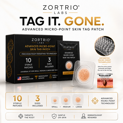 TAG IT. GONE. ZORTRIO LABS Advanced Micro-Point Skin Tag Patch 10 Sterile Patches · 3 Sizes Included